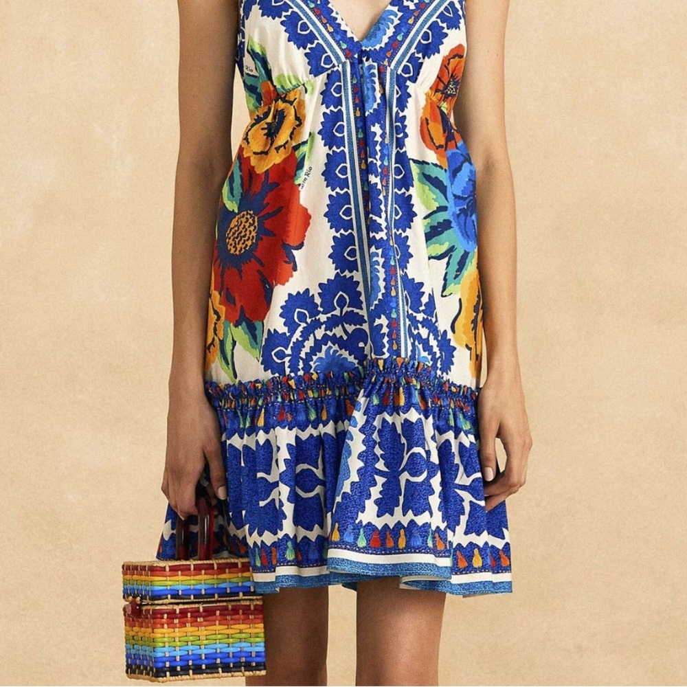 Farm Rio Off-White Flower Tapestry Organic Cotton Mini Dress